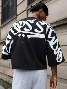Major Grit Men's Black Summer Oversized Streetwear City Break Graffiti Style Short Sleeve T-Shirt,Cropped Loose Fit Round Neck Tee,American Hip Hop Retro Vibe - Black - View 2