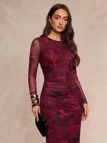 Silquee Robe élégante à imprimé floral pour femmes - Rouge foncé - Voir 4