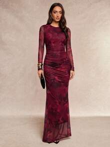 Silquee Robe élégante à imprimé floral pour femmes - Rouge foncé - Voir 1
