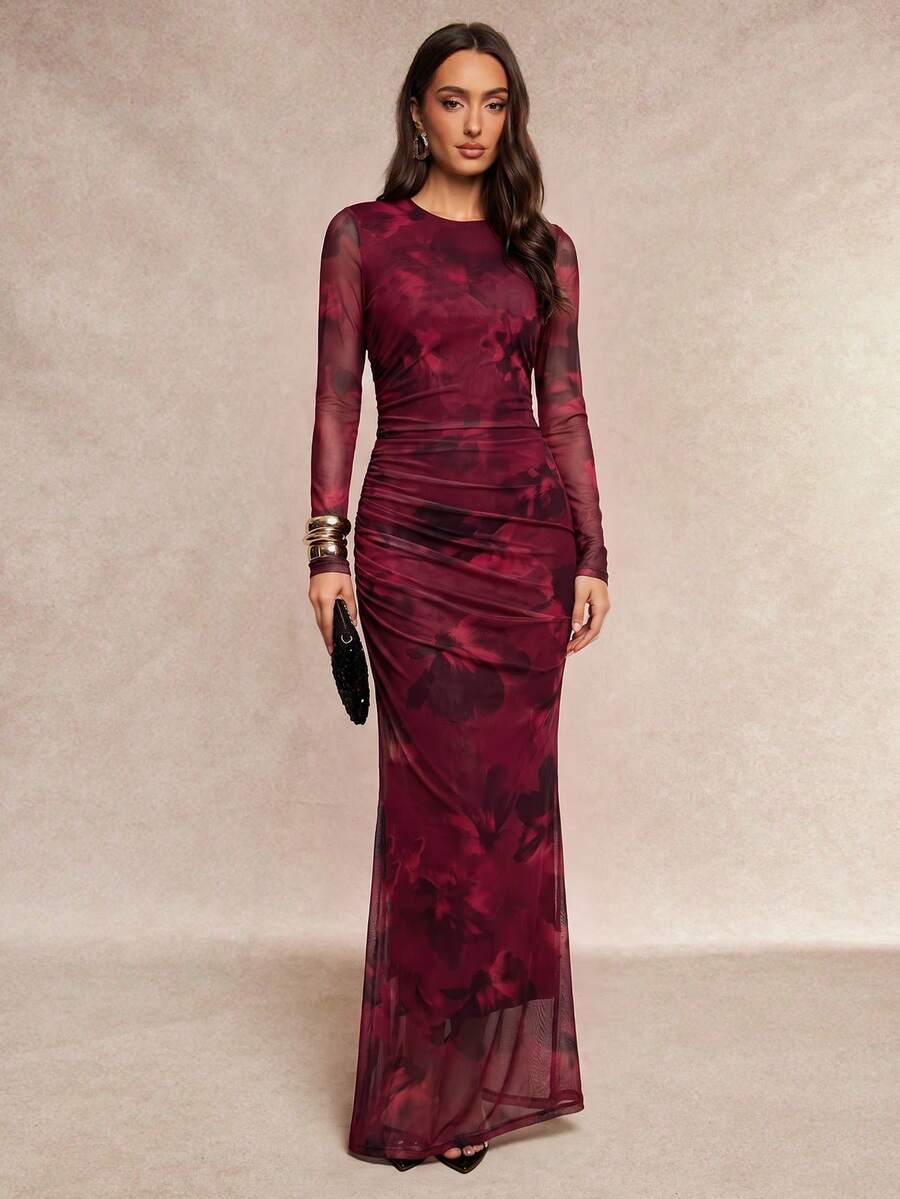 Silquee Robe élégante à imprimé floral pour femmes - Rouge foncé - Voir 1