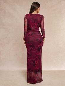 Silquee Robe élégante à imprimé floral pour femmes - Rouge foncé - Voir 2