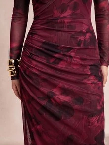 Silquee Robe élégante à imprimé floral pour femmes - Rouge foncé - Voir 6