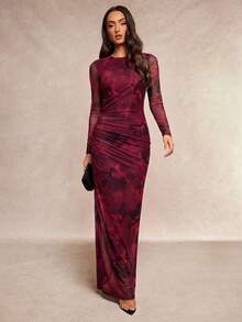 Silquee Robe élégante à imprimé floral pour femmes - Rouge foncé - Voir 3