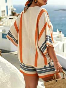 SHEIN LUNE CURVE Fashion Casual Vacation Style Striped V-Neck Shorts Two Pieces Set Plus Size Women's Clothing Fall - Apricot - View 2