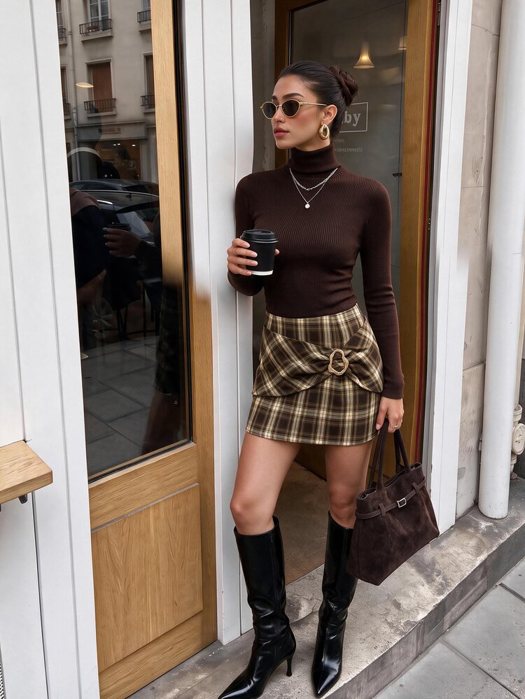 Lavishia Plaid Metal Buckle Mini Skirt, Vintage Elegant Autumn/Winter Thanksgiving Brunch Office Brown - Mocha Brown - View 5