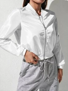 SHEIN PETITE 秋冬款純色拉鍊飛行夾克 - 白色 - 查看 3