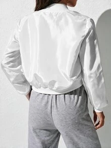 SHEIN PETITE 秋冬款純色拉鍊飛行夾克 - 白色 - 查看 2