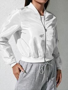 SHEIN PETITE 秋冬款純色拉鍊飛行夾克 - 白色 - 查看 4