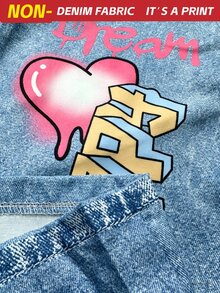 SHEIN Sparklyn 青少年女孩秋季高腰梭織字母圖案休閒直筒長褲，秋季返校穿搭 - 藍色 - 查看 9