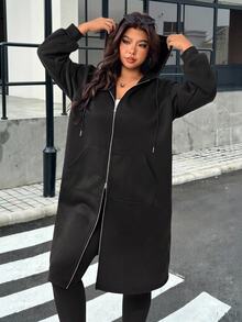 Muchica 女款大尺碼純色長袖拉鍊連帽外套，附口袋，休閒百搭，適合秋季日常穿著 - 黑色 - 查看 3