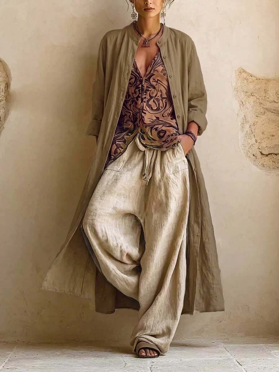 Breezaya Vintage Print Button Notch V-Neck Top, Drawstring Waist Pocket Pants, And Relaxed Single-Breasted Long Robe 3-Piece Set, Lazy Style - Multicolor - View 1