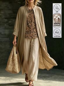 Breezaya Vintage Print Button Notch V-Neck Top, Drawstring Waist Pocket Pants, And Relaxed Single-Breasted Long Robe 3-Piece Set, Lazy Style - Multicolor - View 3