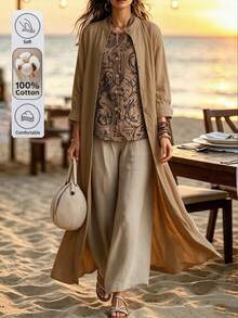 Breezaya Vintage Print Button Notch V-Neck Top, Drawstring Waist Pocket Pants, And Relaxed Single-Breasted Long Robe 3-Piece Set, Lazy Style - Multicolor - View 5