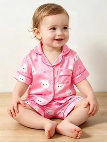 SHEIN 2 Pieces Baby Girls Cute Pink And White Rabbit & Peach Print Pajamas,Soft Satin Notch Lapel Short Sleeve Summer Sleepwear Set For Holiday Nightwear - Hot Pink - View 6