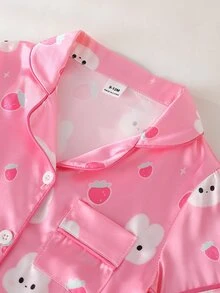 SHEIN 2 Pieces Baby Girls Cute Pink And White Rabbit & Peach Print Pajamas,Soft Satin Notch Lapel Short Sleeve Summer Sleepwear Set For Holiday Nightwear - Hot Pink - View 3