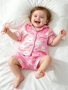 SHEIN 2 Pieces Baby Girls Cute Pink And White Rabbit & Peach Print Pajamas,Soft Satin Notch Lapel Short Sleeve Summer Sleepwear Set For Holiday Nightwear - Hot Pink - View 5