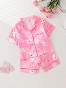 SHEIN 2 Pieces Baby Girls Cute Pink And White Rabbit & Peach Print Pajamas,Soft Satin Notch Lapel Short Sleeve Summer Sleepwear Set For Holiday Nightwear - Hot Pink - View 4