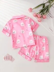 SHEIN 2 Pieces Baby Girls Cute Pink And White Rabbit & Peach Print Pajamas,Soft Satin Notch Lapel Short Sleeve Summer Sleepwear Set For Holiday Nightwear - Hot Pink - View 2