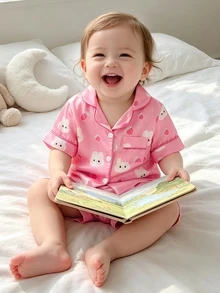 SHEIN 2 Pieces Baby Girls Cute Pink And White Rabbit & Peach Print Pajamas,Soft Satin Notch Lapel Short Sleeve Summer Sleepwear Set For Holiday Nightwear - Hot Pink - View 7