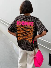 EMERY ROSE 女款豹紋圓領短袖T恤，ICONIC字母與世界城市圖案落肩寬鬆休閒上衣，Y2K街頭復古風 - 彩色 - 查看 4