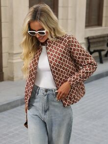 Brillora Women's All-Over Print Zip-Up Casual Long Sleeve Jacket Autumn Winter - Burgundy - View 6