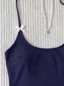 Elavelle 女款春夏隨機印花掛脖蝴蝶結裝飾比基尼套裝 - 藏蓝色 - 查看 5
