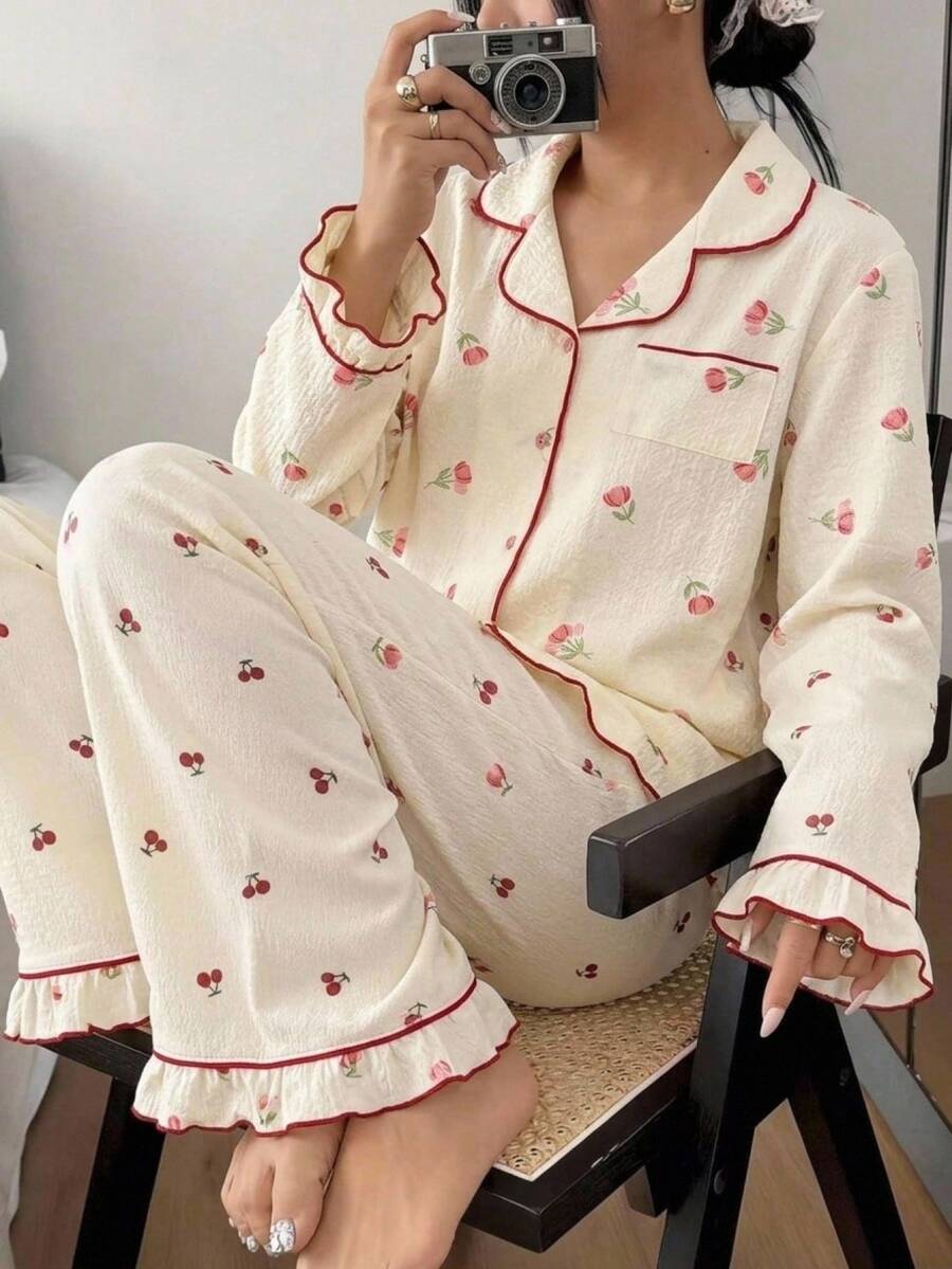 SHEIN 少女可愛圖案,兒童卡通動漫圖案,休閒極簡圓領長袖長褲居家服,適合秋季 - 彩色 - 查看 1