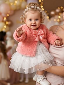 SHEIN 女嬰幼兒秋冬新款百搭優雅毛絨蝴蝶結開襟外套，適合外出，米色/杏色，完美適配日常穿著與派對場合 - 西瓜粉 - 查看 4