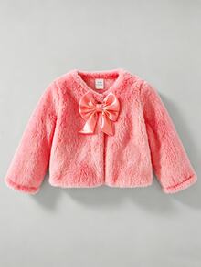 SHEIN 女嬰幼兒秋冬新款百搭優雅毛絨蝴蝶結開襟外套，適合外出，米色/杏色，完美適配日常穿著與派對場合 - 西瓜粉 - 查看 3