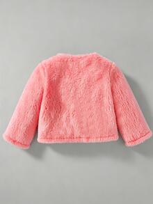 SHEIN 女嬰幼兒秋冬新款百搭優雅毛絨蝴蝶結開襟外套，適合外出，米色/杏色，完美適配日常穿著與派對場合 - 西瓜粉 - 查看 5