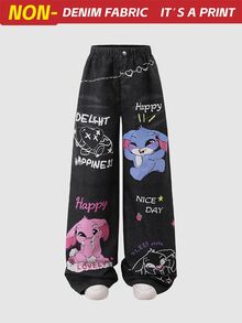 SHEIN ChillGRL Teen Girl Fall Straight Street Style Cartoon Print Black Casual Long Pants, Holiday, Comfortable - Black - View 8