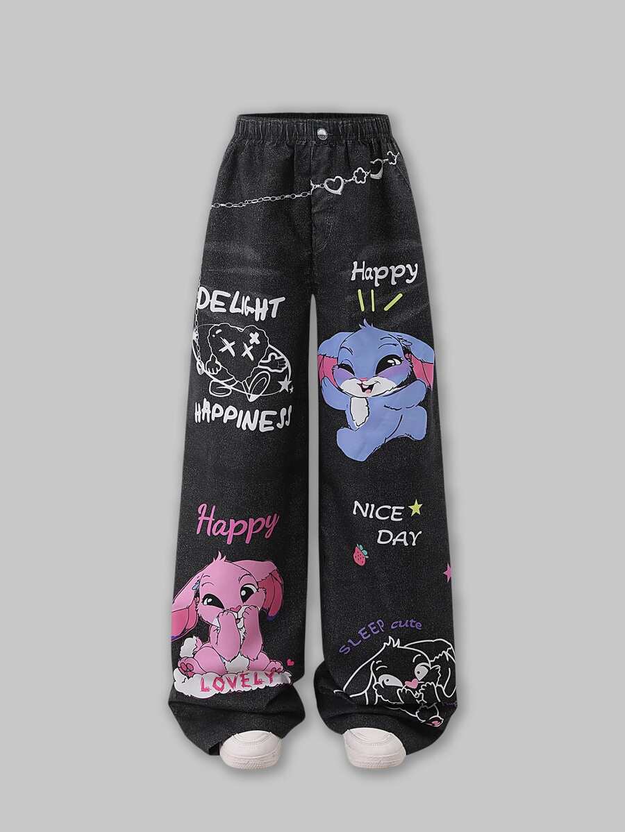 SHEIN ChillGRL Teen Girl Fall Straight Street Style Cartoon Print Black Casual Long Pants, Holiday, Comfortable