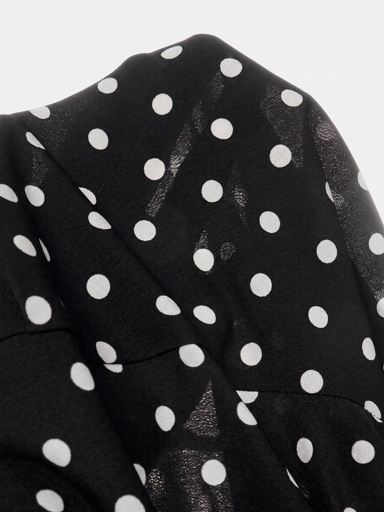Tween Girls' Elegant Minimalist Black And White Polka Dot Stand Collar Sleeve Long Sleeve Trim Dress, Autumn/Winter Black Dress - Black - View 7