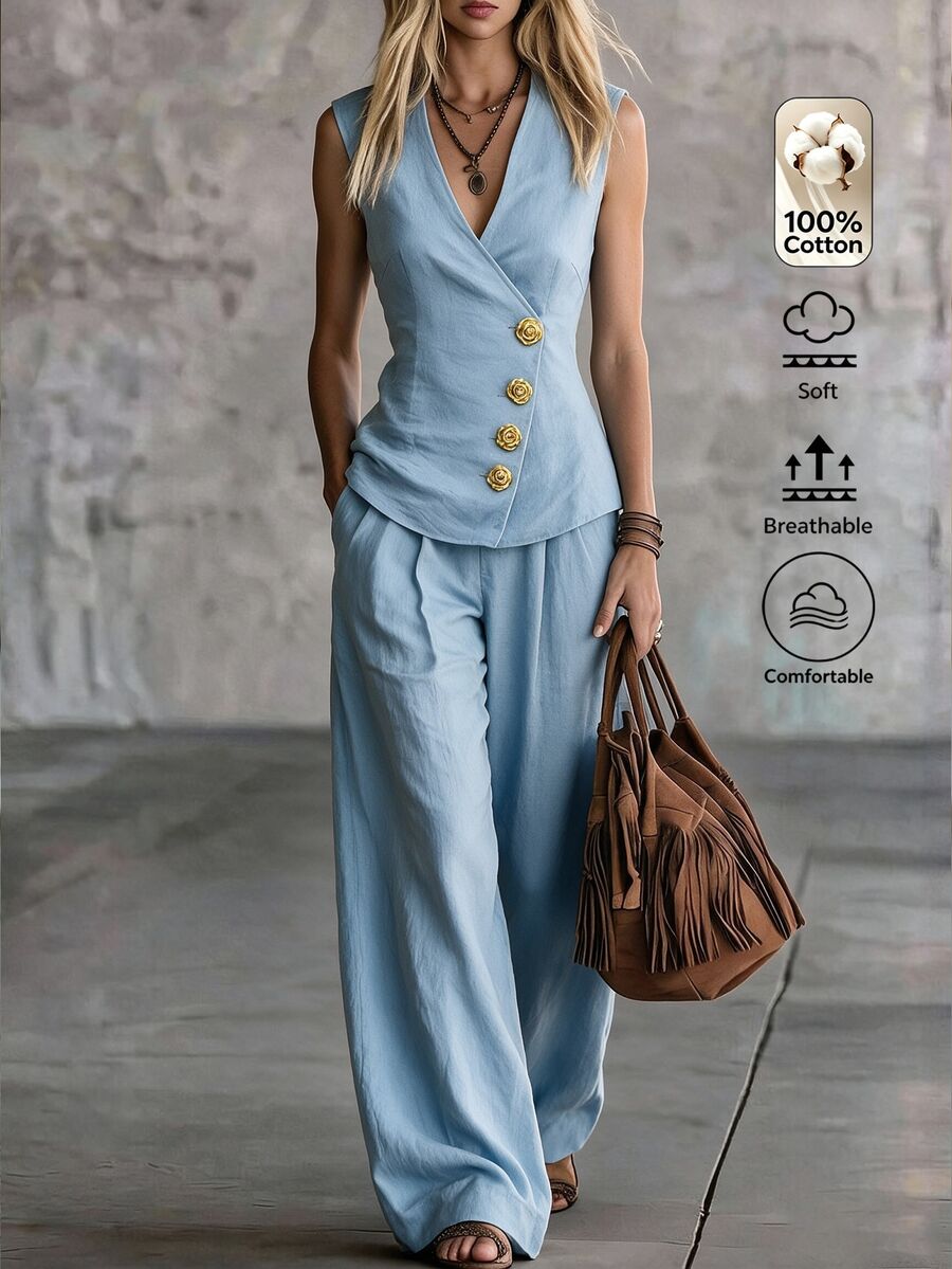 Omancia Women's 100% Cotton 2 Piece Set, Light Blue Sleeveless V Neck Button Vest & Wide Leg Pants, Elegant Casual Summer Vacation Outfit - Medium Wash - View 1