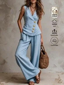 Omancia Women's 100% Cotton 2 Piece Set, Light Blue Sleeveless V Neck Button Vest & Wide Leg Pants, Elegant Casual Summer Vacation Outfit - Medium Wash - View 3