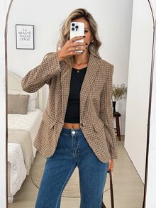 SHEIN LUNE 休閒商務優雅女款夏季格紋羊毛西裝外套 教師節 辦公室 企業 黑色 秋冬 2026 工作穿搭 - 彩色 - 查看 2
