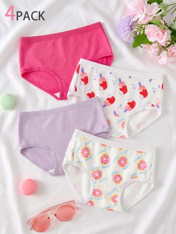 SHEIN 4pcs Girls Fashion Shorts, Baby Pink And White Donut And Ice Cream Dessert Print Soft Lightweight Knit Fabric Daily Wear Casual Outfits Winter