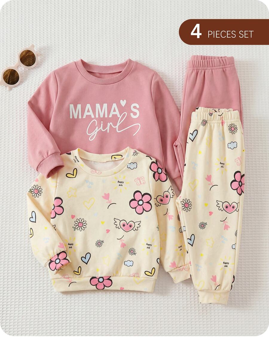 Baby Girls Mama's Girl Pink Sweatshirt And Floral Printed Top With Coordinating Pants 4-Piece Set - Pink - View 1