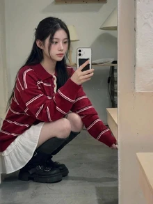 DAZY Women's Colorblock Striped Loose Fit Lapel Long Sleeve Casual Street Vacation Spring Autumn Winter Pullover Knit Sweater - Red - View 3