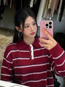 DAZY Women's Colorblock Striped Loose Fit Lapel Long Sleeve Casual Street Vacation Spring Autumn Winter Pullover Knit Sweater - Red - View 10