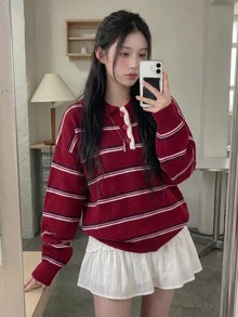 DAZY Women's Colorblock Striped Loose Fit Lapel Long Sleeve Casual Street Vacation Spring Autumn Winter Pullover Knit Sweater - Red - View 2