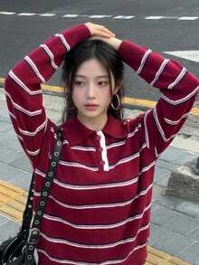DAZY Women's Colorblock Striped Loose Fit Lapel Long Sleeve Casual Street Vacation Spring Autumn Winter Pullover Knit Sweater - Red - View 7