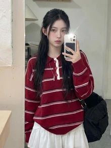 DAZY Women's Colorblock Striped Loose Fit Lapel Long Sleeve Casual Street Vacation Spring Autumn Winter Pullover Knit Sweater - Red - View 4