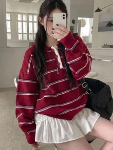 DAZY Women's Colorblock Striped Loose Fit Lapel Long Sleeve Casual Street Vacation Spring Autumn Winter Pullover Knit Sweater - Red - View 8