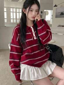 DAZY Women's Colorblock Striped Loose Fit Lapel Long Sleeve Casual Street Vacation Spring Autumn Winter Pullover Knit Sweater - Red - View 1