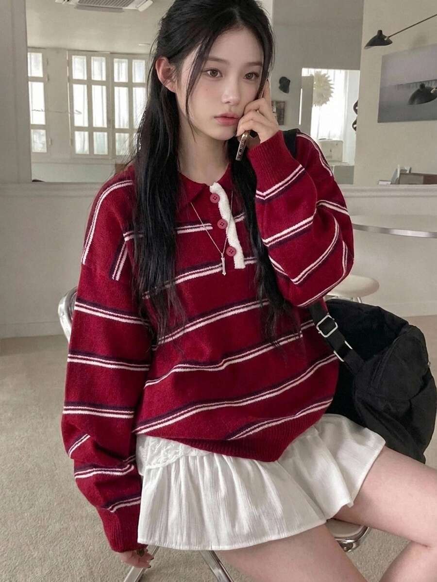 DAZY Women's Colorblock Striped Loose Fit Lapel Long Sleeve Casual Street Vacation Spring Autumn Winter Pullover Knit Sweater - Red - View 1