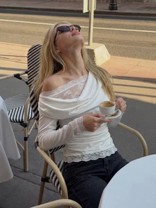 DAZY Solid Color Fitted Scoop Neck Long Sleeve Lace Trim Elegant Romantic Vacation Spring/Autumn Top Women T-Shirt Going Out White - White - View 2