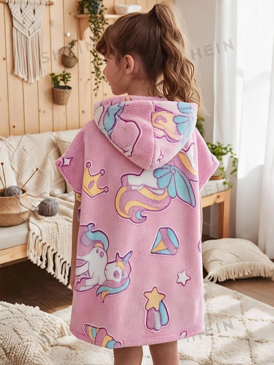 SHEIN Young Girl 1pc Unicorn Kids Pattern Hooded Fuzzy Pajama Autumn Dress - Baby Pink - View 1