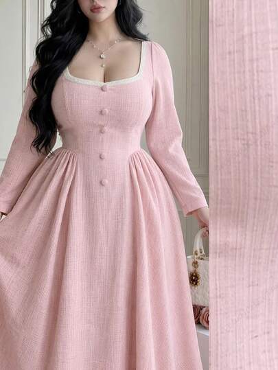 Vibekara Plus Size Women Sweet Elegant Cute Vintage Square Neck Waist-Cinching Long Dress Fall