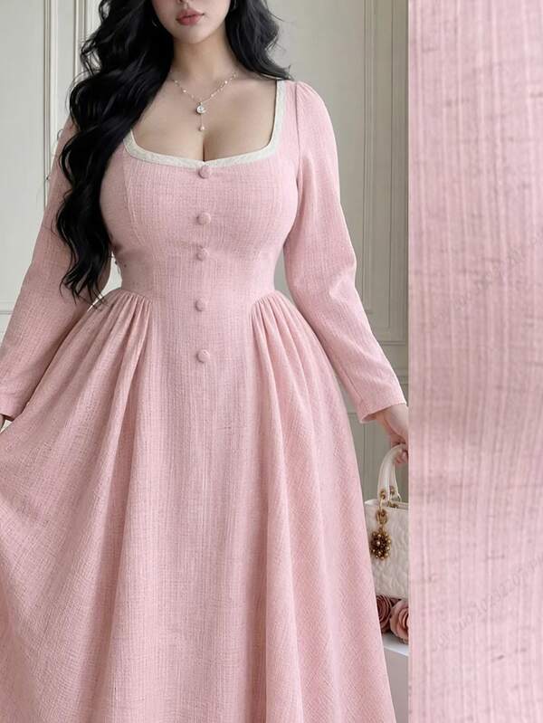 Vibekara Plus Size Women Sweet Elegant Cute Vintage Square Neck Waist-Cinching Long Dress Fall